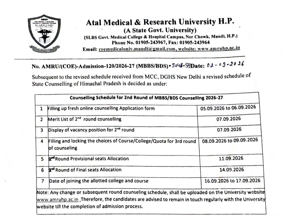 HP NEET UG 2026 Round 2 Counselling Schedule