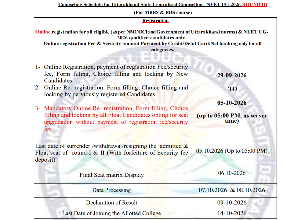 Uttarakhand NEET UG 2026 Round 3 Important Dates