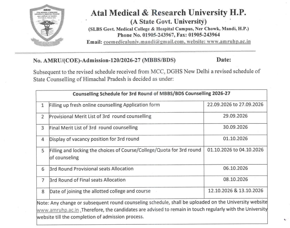 HP NEET UG 2026 Round 3 Important&nbsp;Dates