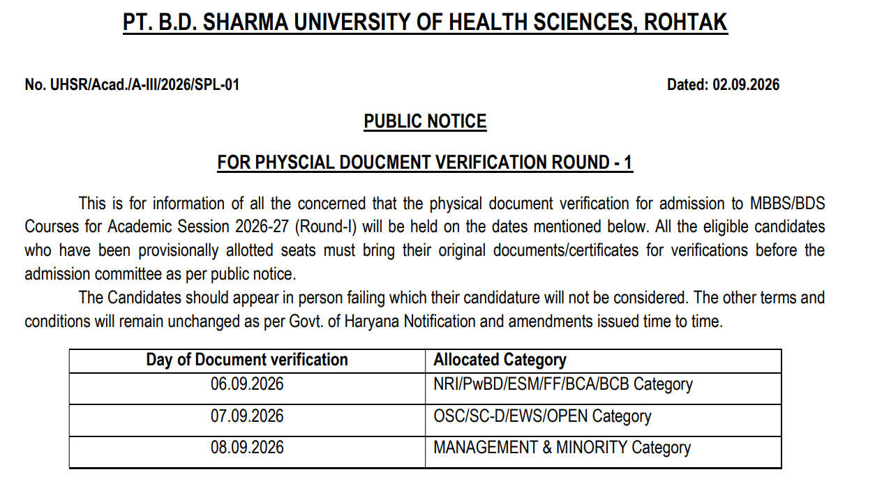 Key Dates for Haryana NEET UG 2026 Round 1