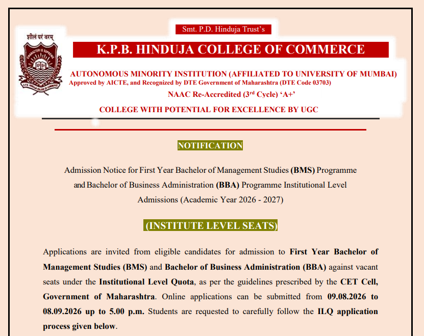KPB Hinduja BBA and BMS Admission 2026-27 Key Details