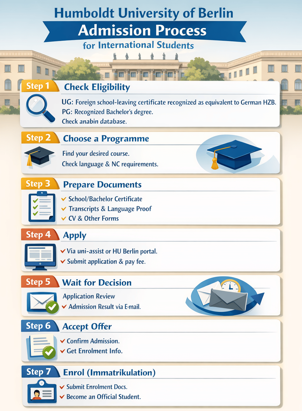 Step 1: Check Eligibility Undergraduate (UG): Must have a foreign school-leaving certificate recognized as equivalent to German Hochschulzugangsberechtigung (HZB). Postgraduate (PG): Must have a completed Bachelor&rsquo;s degree (or equivalent) recognized in Germany. Check recognition on the anabin database. Step 2: Choose a Programme Find your desired Bachelor or Master programme on HU Berlin&rsquo;s official course catalogue. Check language requirements (German C1 or English, depending on programme). Check if the programme is numerus clausus (NC/limited) or NC-free. Step 3: Prepare Documents Typical required documents: Secondary school certificate / Bachelor&rsquo;s degree certificate Transcripts of records Official translations (if not in German or English) Language certificates CV / resume Other programme-specific forms Step 4: Apply Two main routes: Via uni‑assist (most international applicants): Submit online application, upload all documents, pay processing fee uni‑assist verifies your qualifications and forwards application to HU Berlin Direct HU Berlin portal (some Master applicants or exceptions) Step 5: Wait for Admission Decision HU Berlin reviews your application: NC programmes: selection based on grades and criteria NC-free programmes: formal requirements sufficient Decision communicated via e-mail and online portal Step 6: Accept Offer Confirm admission online within the deadline. Receive enrolment instructions for visa, health insurance, and registration. Step 7: Enrol (Immatrikulation) Submit required enrolment documents to HU Berlin Complete registration to become an official student...