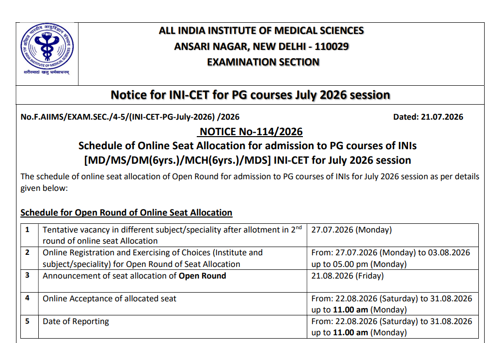 INI CET 2026 Open Round Key Details