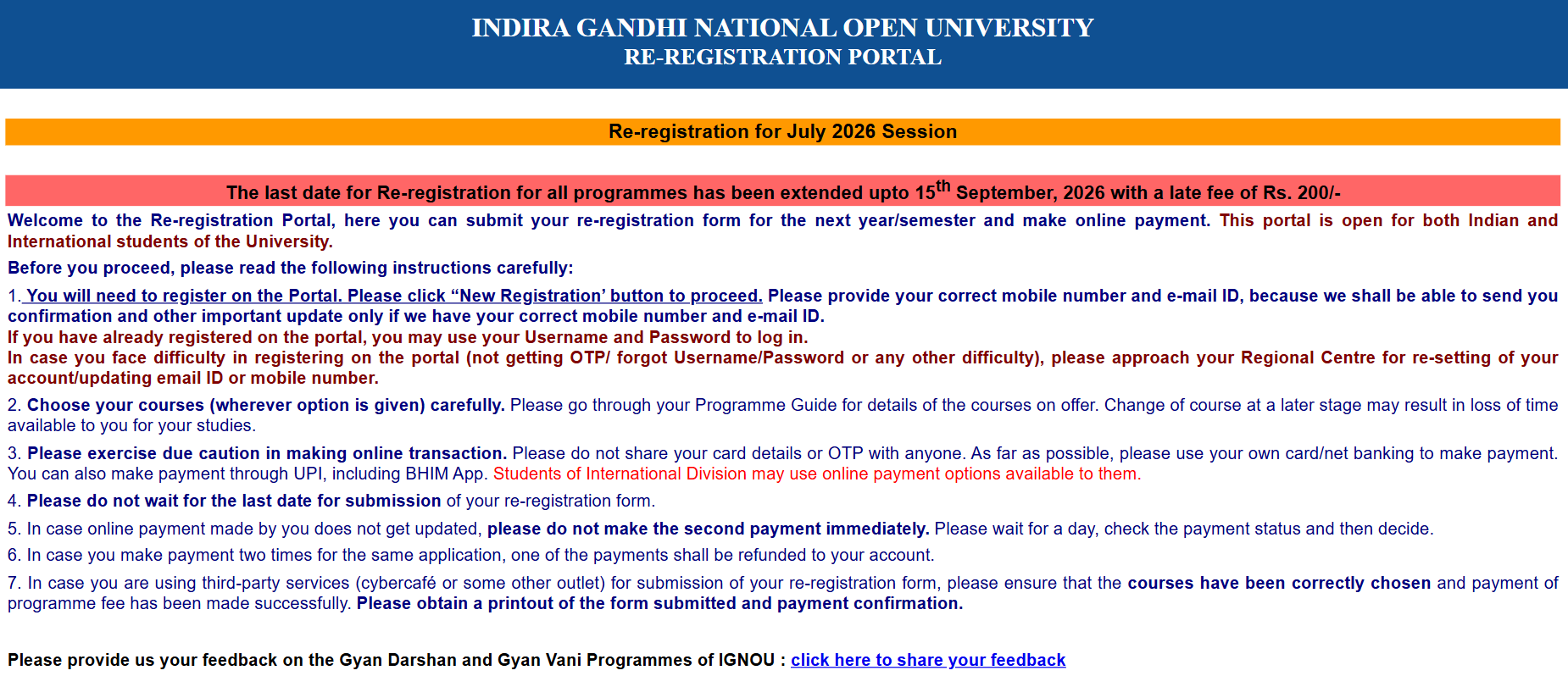 IGNOU July 2026 Re-Registration Key Details