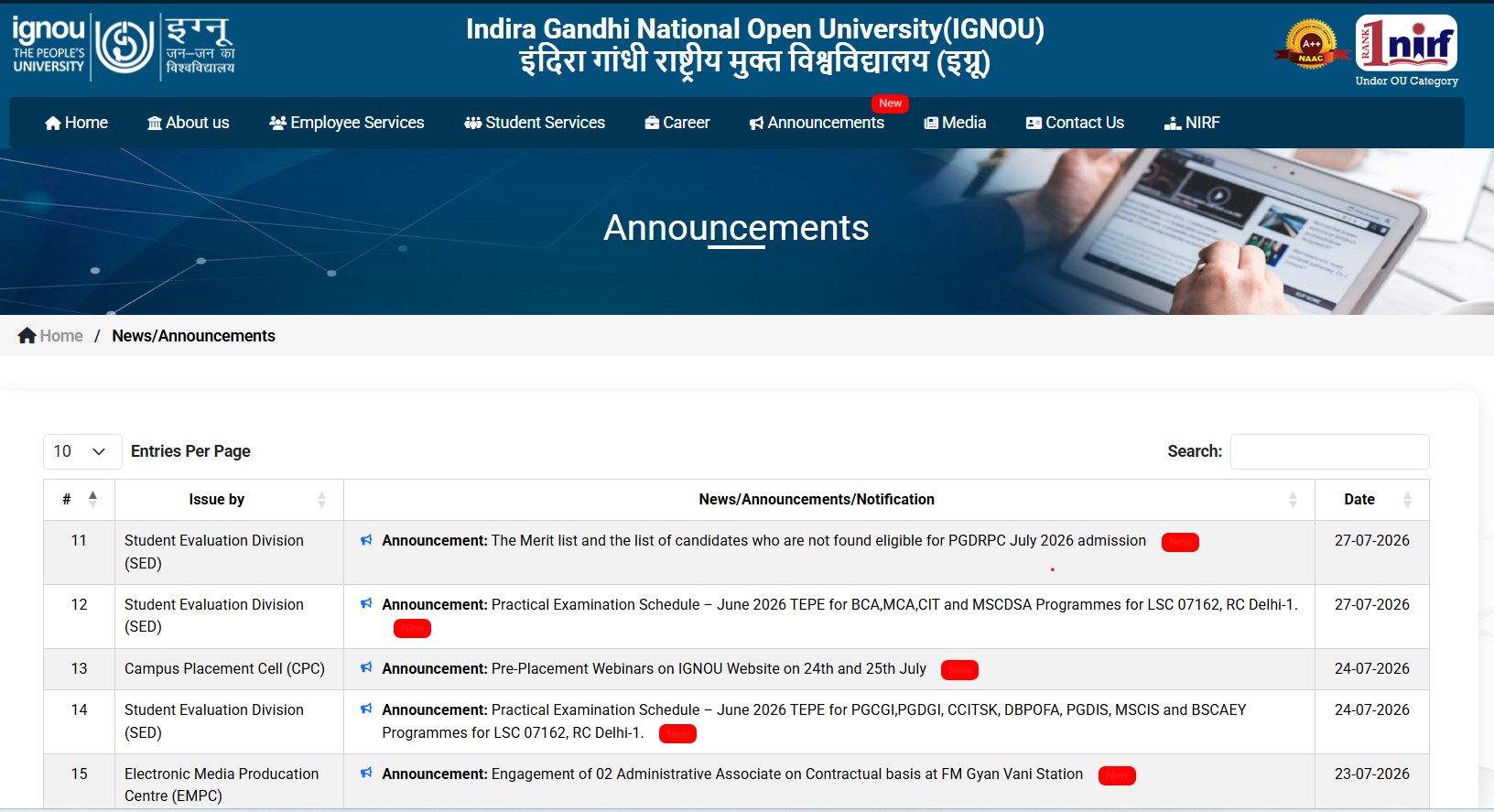 IGNOU Announcement page snip showing the notice of June TEE Practicals 2026  