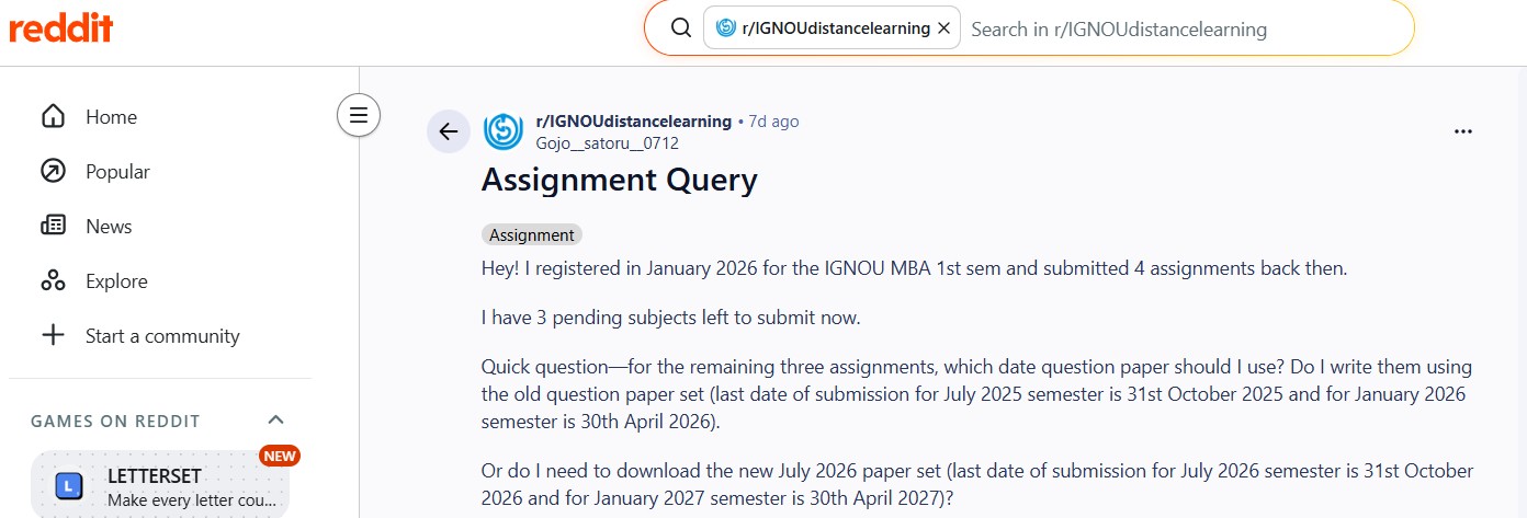 Screenshot of a Reddit post asking which IGNOU MBA assignment question paper to use.