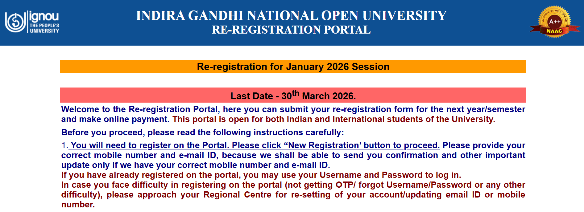IGNOU Re-Registration 2026 Admission