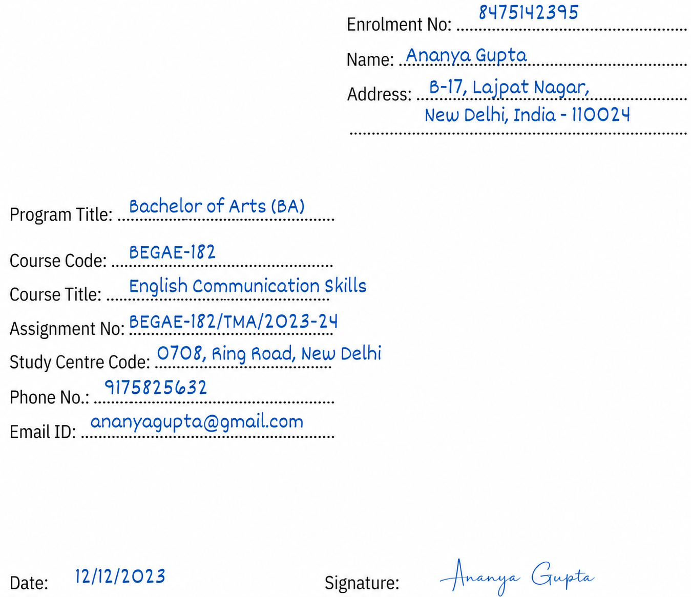 IGNOU front page template 