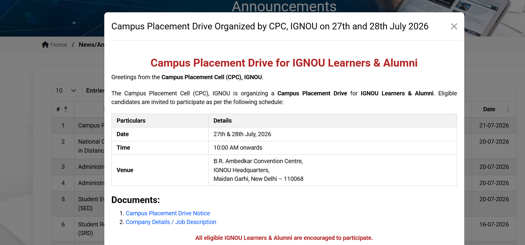 IGNOU Placement Drive 2026