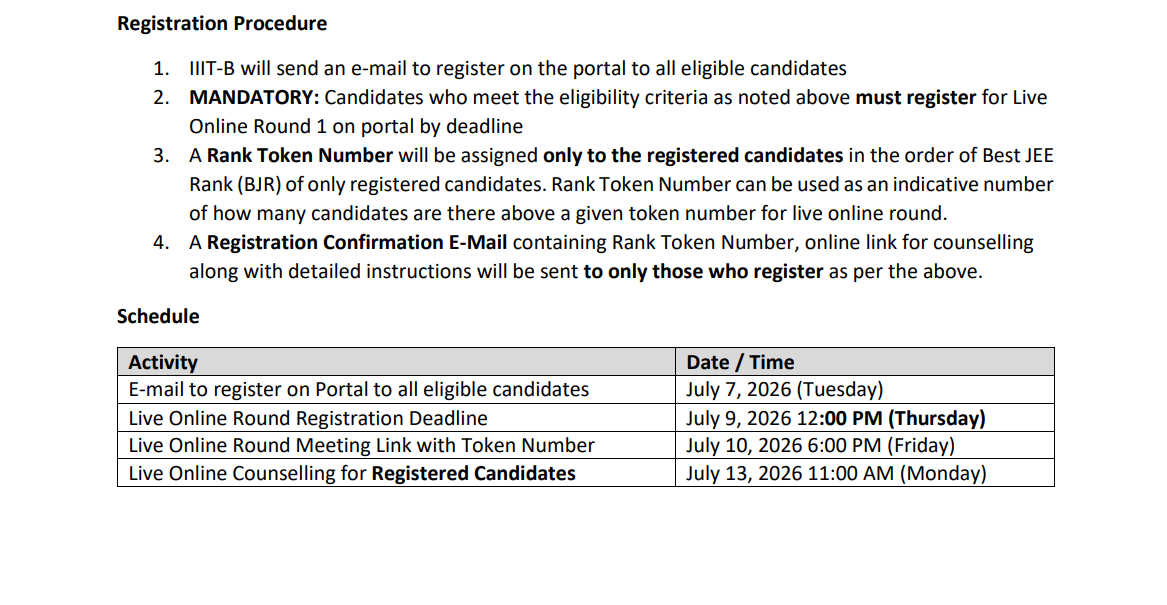 IIIT Bangalore BTech IMTech 2026 Round 1 Online Counselling on July 13