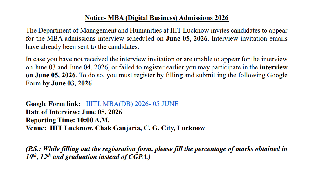 IIIT Lucknow MBA Digital Business Admission 2026 