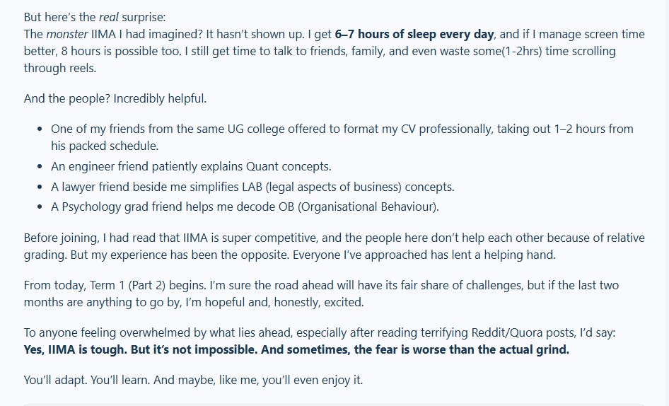 Student Review of IIMA's Campus life, mentioning crowd quality and schdeule