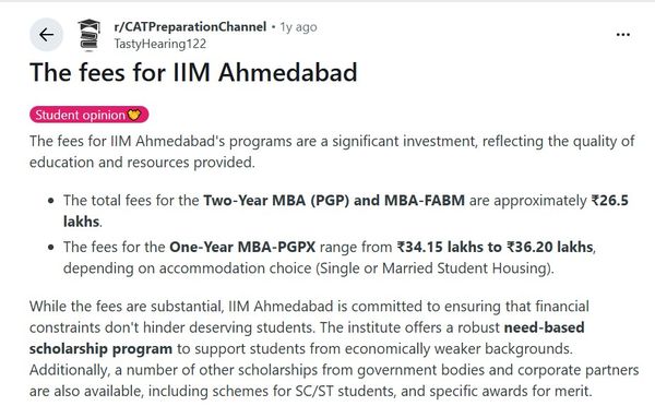 IIMA MBA and PGP-FABM fees discussion on Reddit