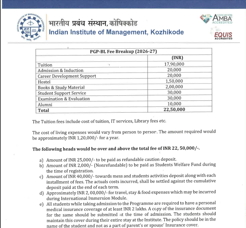 IIM Kozhikode MBA-BL Fees 2025