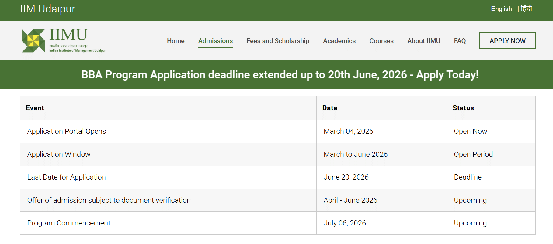 IIM Udaipur BBA Admission 2026 Schedule Released  Applications Open From March 4