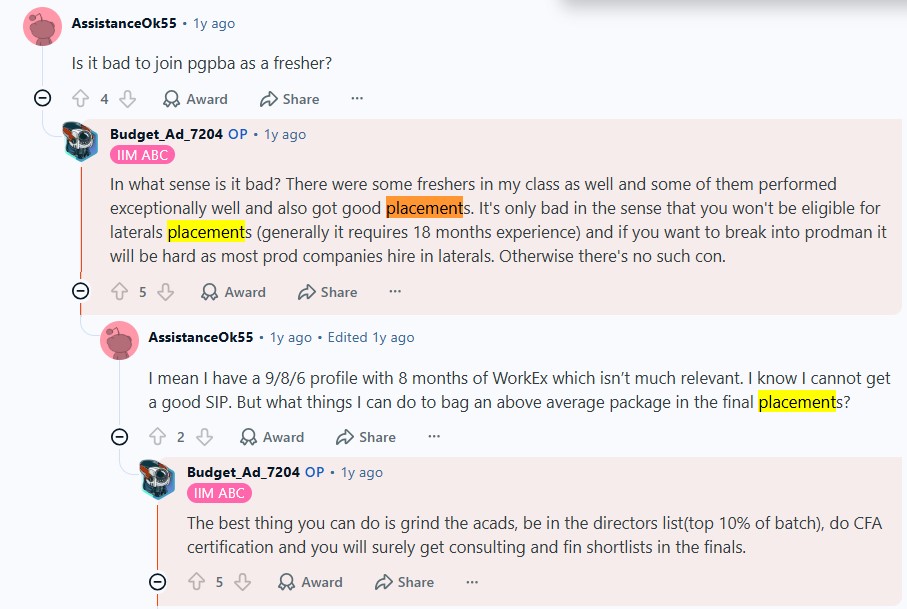 Reddit discussion of IIM Bangalore Placements