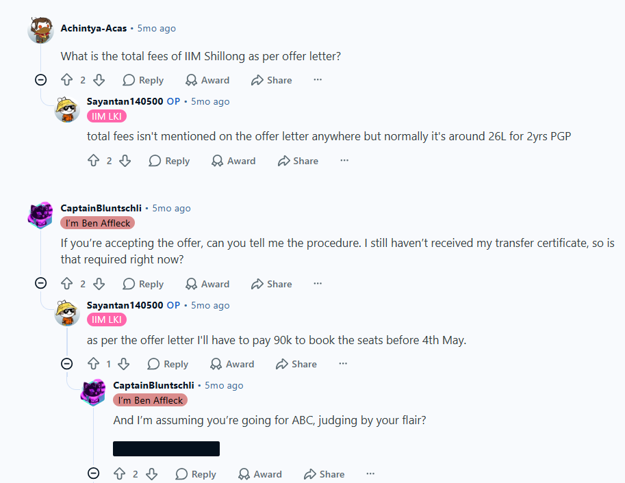 IIM Shillong Reddit thread on fees