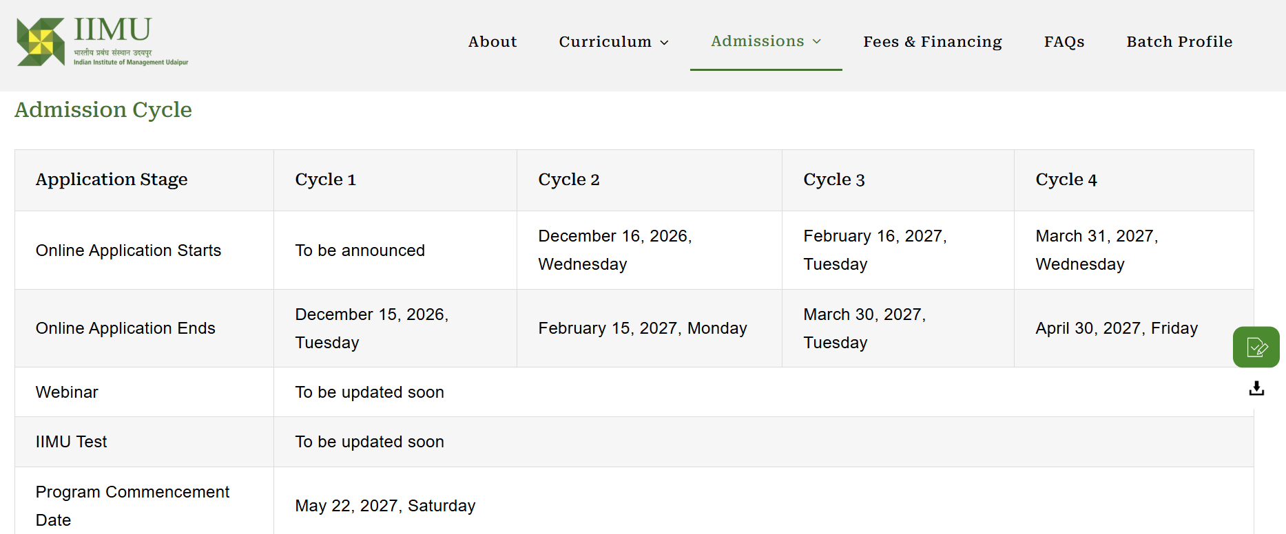 IIM Udaipur EMBA 2027 Application Cycles