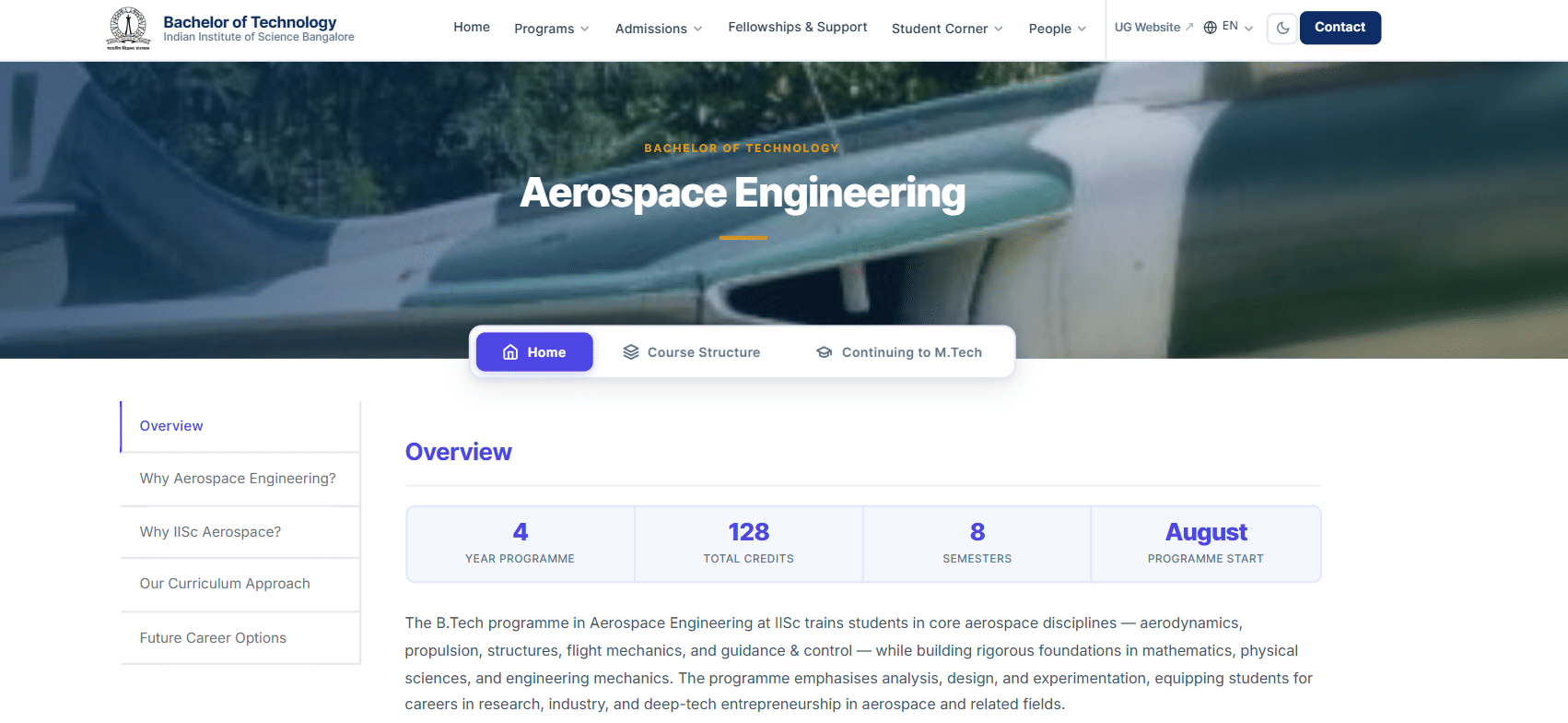 IISc BTech Aerospace Engineering Programme Snapshot
