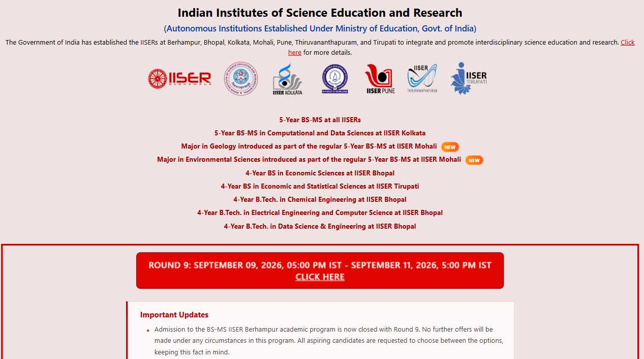 IISER IAT 2026 Round 9 Key Dates