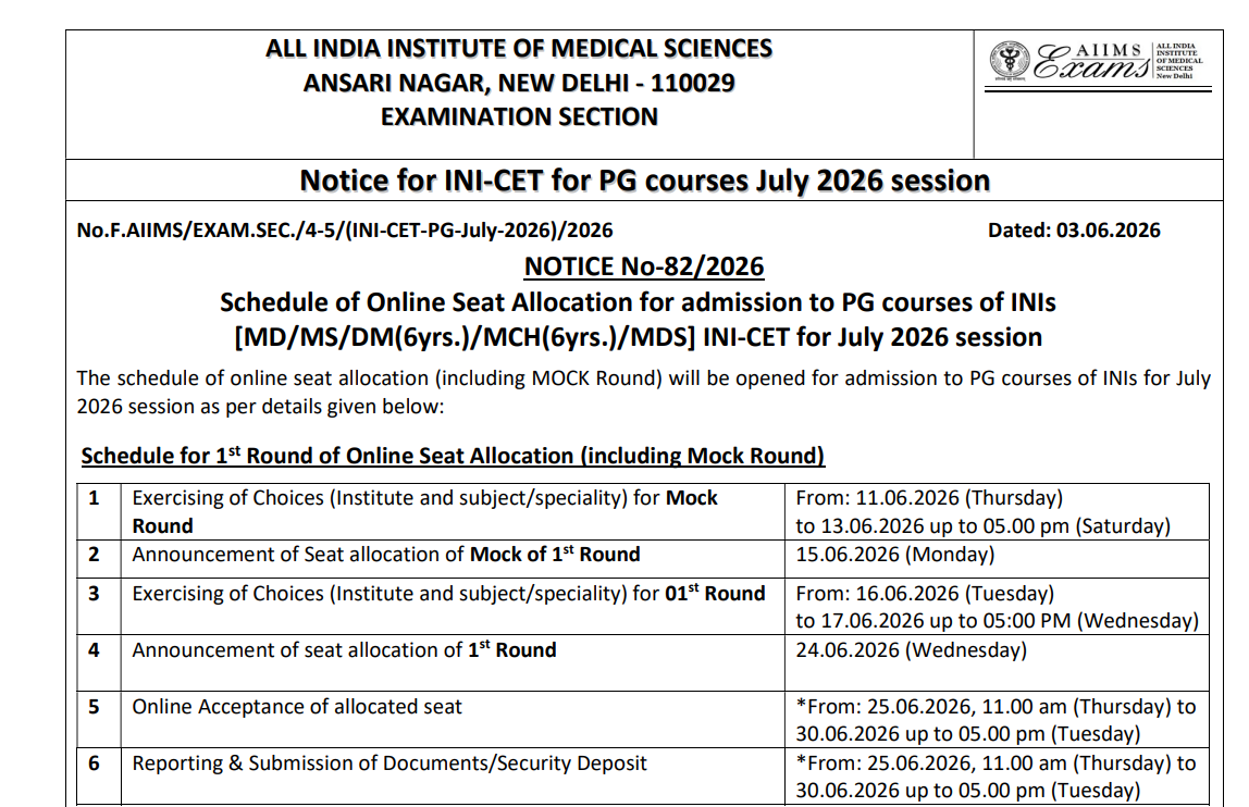 INI CET July 2026 Counselling Schedule Out Mock Round Begins
