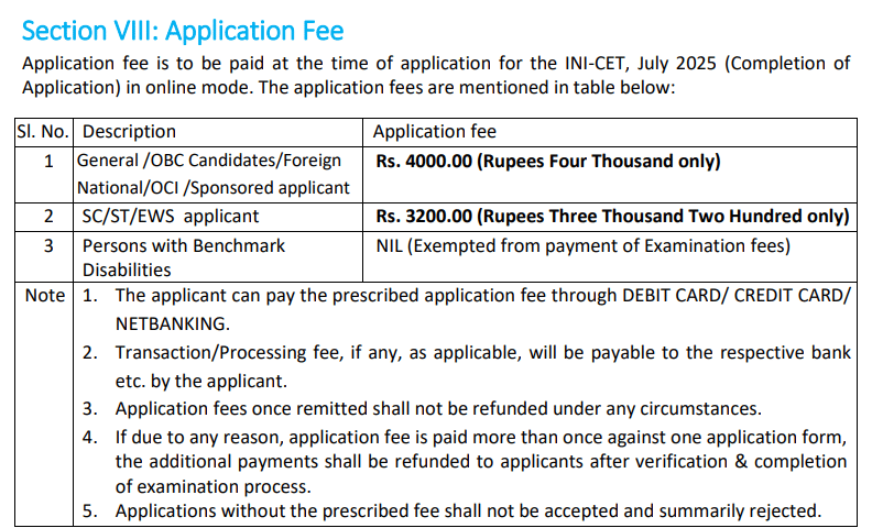 INI CET 2026 Registration Fees
