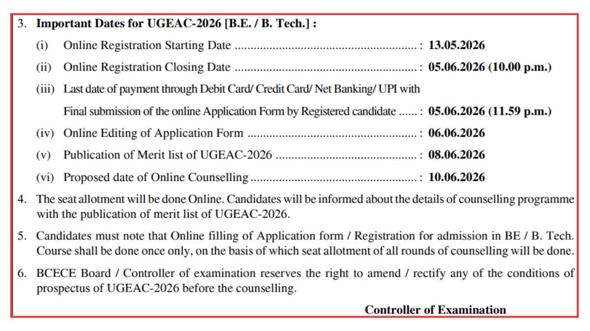 Bihar UGEAC 2026 Registration to Begin from May 13