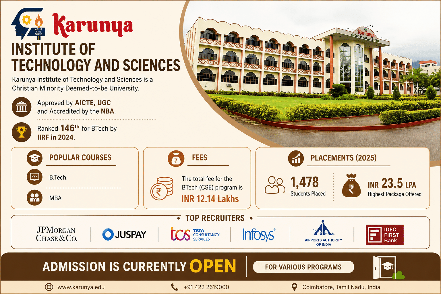 Karunya Institute of Technology and Sciences infographic showing rankings, fees, placements, recruiters, and admissions information.