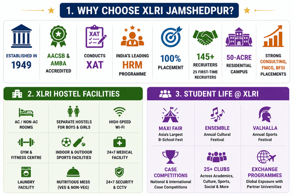 Infographic highlighting XLRI Jamshedpur hostel facilities, student life, campus amenities, major events, clubs, and international exchange opportunities.