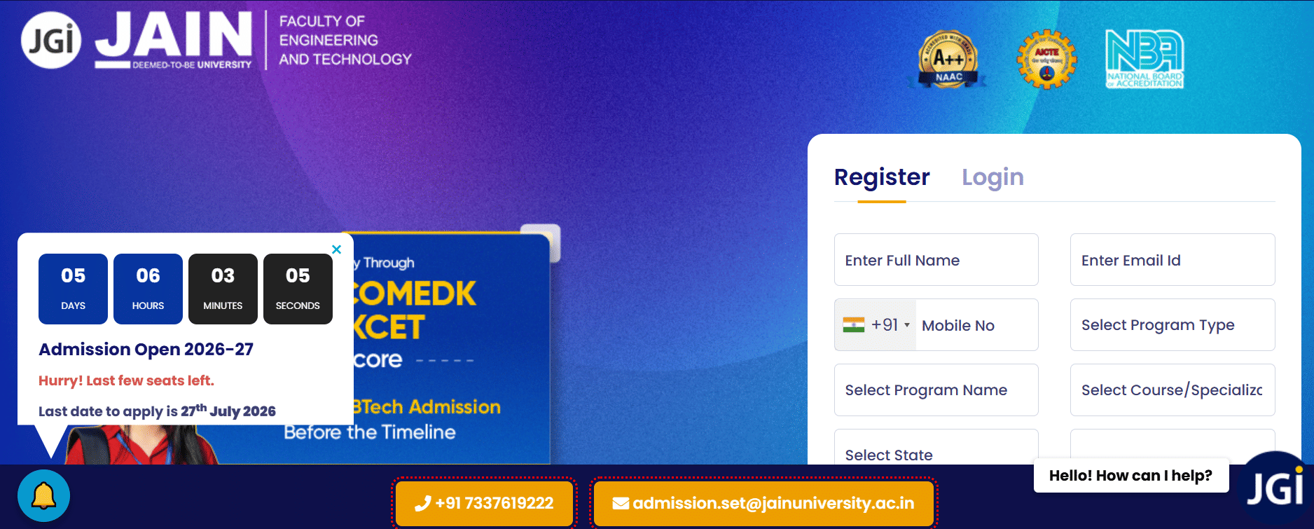 JAIN&nbsp;University BTech 2026-27