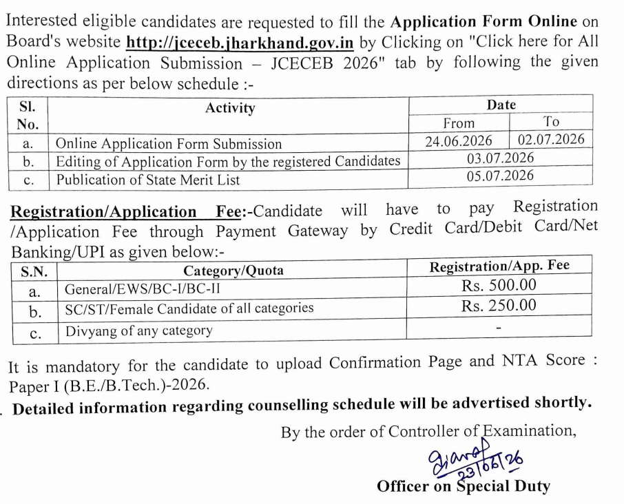 JCECE 2026 BTech Counselling Round 1 Registration Begins Check Schedule