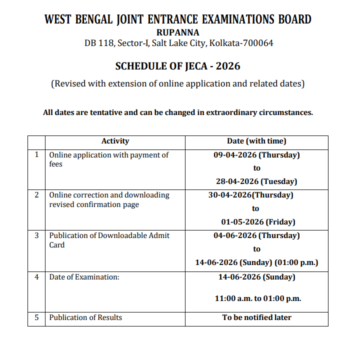 WB JECA 2026 Admit Card Out