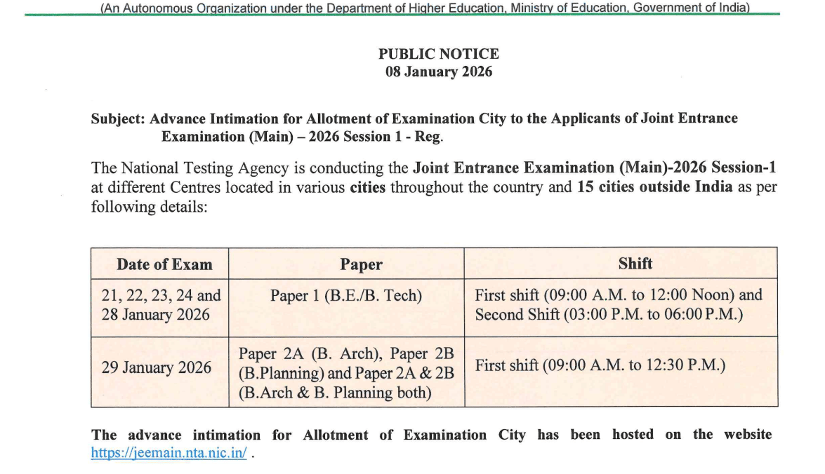 JEE Main session 1 exam dates official