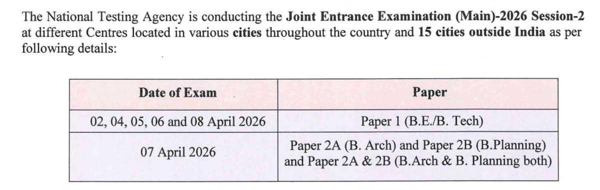 JEE Main 2026 session 2 Exam Dates