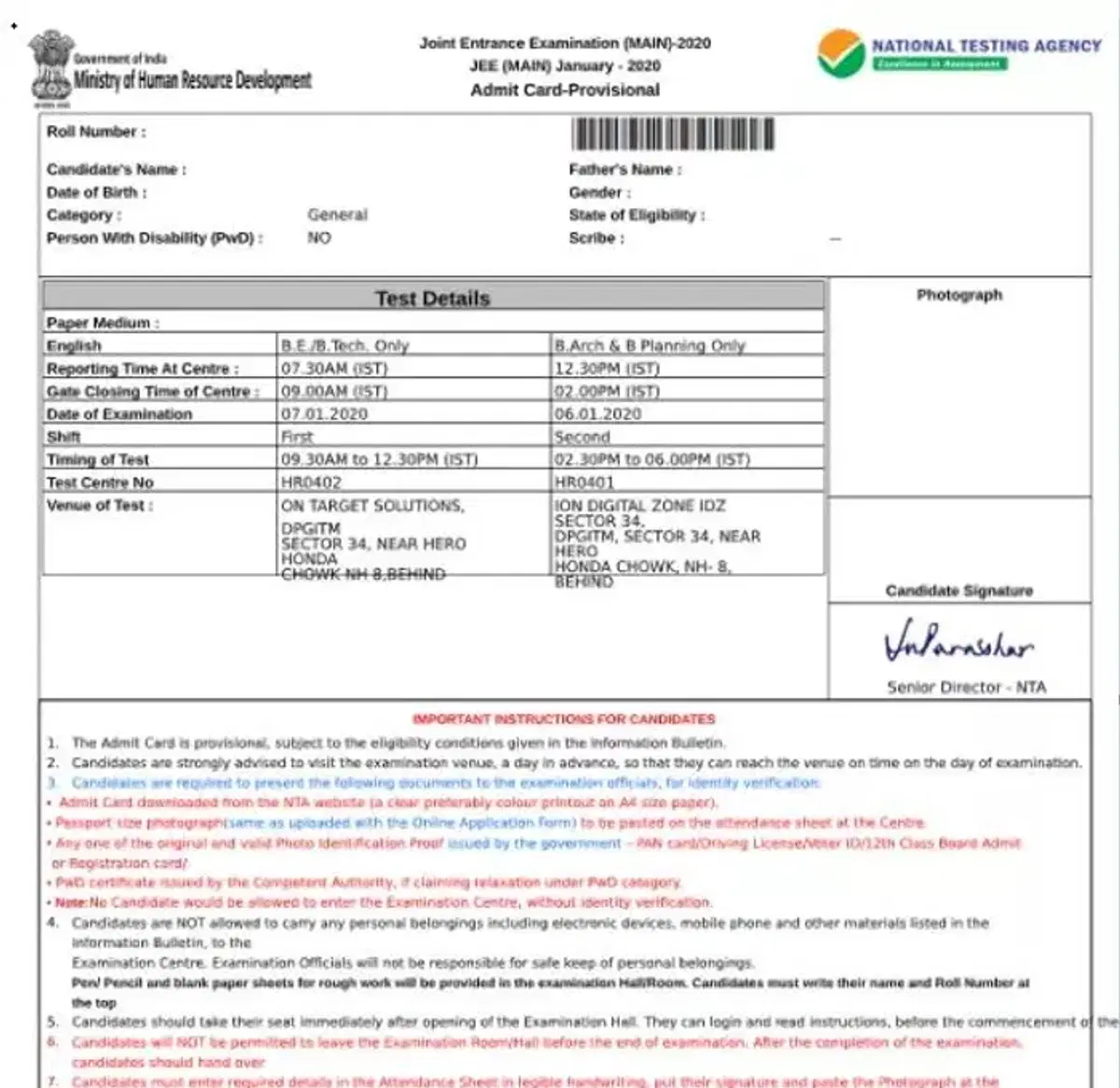JEE Main Admit Card