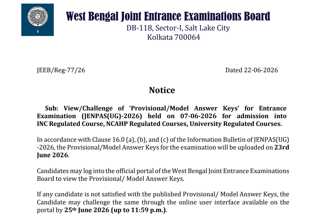 JENPAS UG 2026 Answer Key Out Raise Objections by June 25