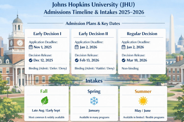 Infographic of Johns Hopkins University admissions timeline (2025&ndash;2026) showing Early Decision I (Nov 1, 2025; Dec 12 release), Early Decision II (Jan 2, 2026; Feb 13 release), and Regular Decision (Jan 2, 2026; Mar 18 release), along with Fall (Aug/Sept), Spring (Jan), and Summer (May/June) intakes.