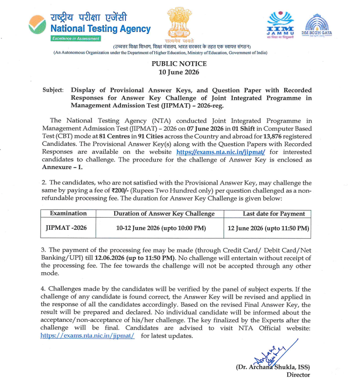 JIPMAT 2026 Provisional Answer Key Out