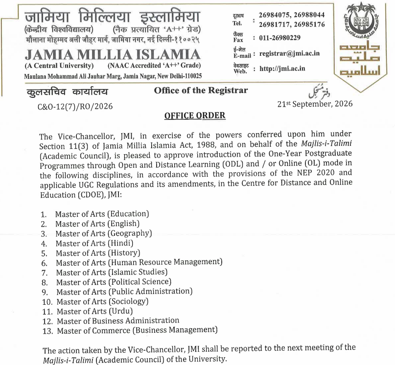 Key Details of JMI One-Year PG Programmes