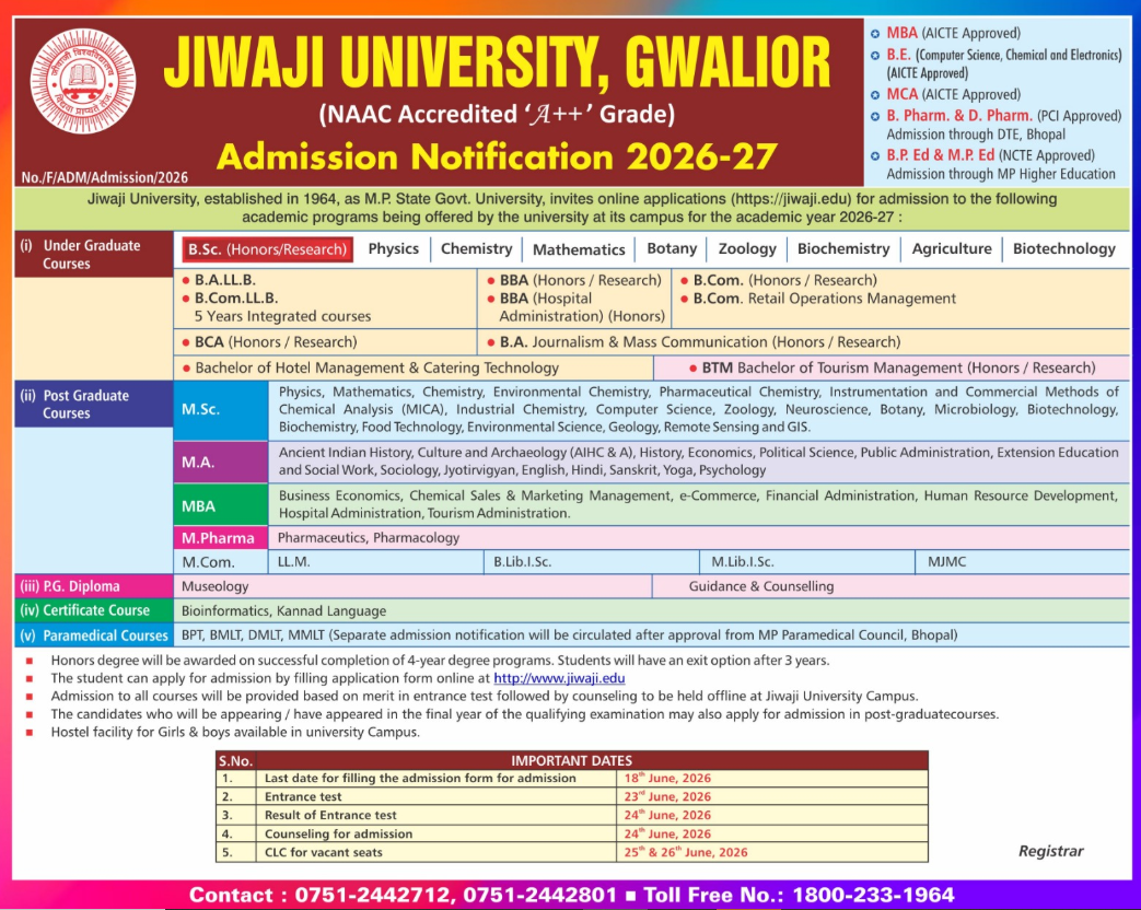 Jiwaji University 2026 UG PG Admission Open Apply by June 18
