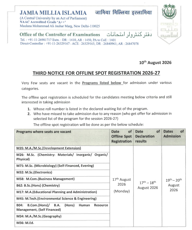 JMI Offline SPOT Schedule&nbsp;2026-27