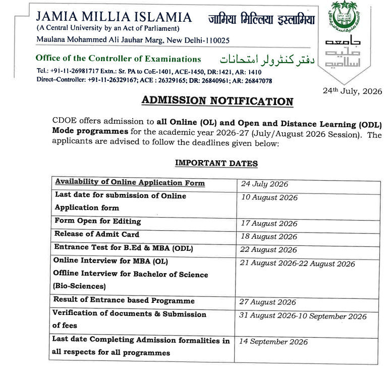 JMI CDOE 2026-27