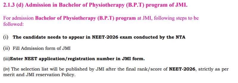 JMI BPT Admission