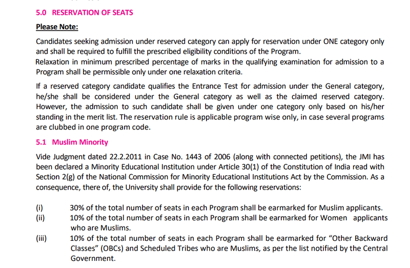 JMI Reservation of Seats