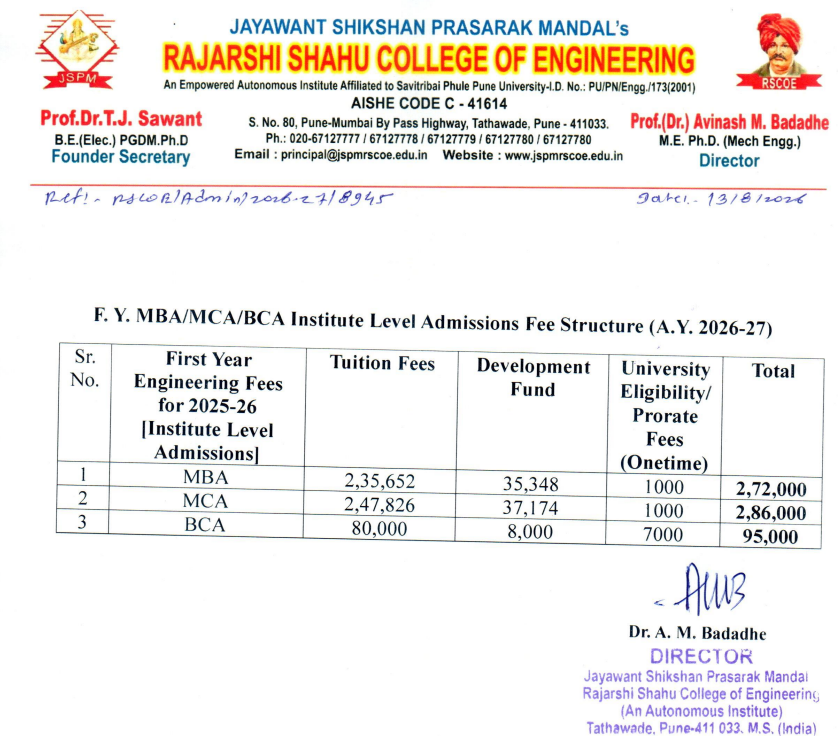 JSPM Tathawade PG 2026-27 Fee Structure