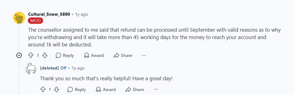 Reddit discussion on Jain University's refund policy