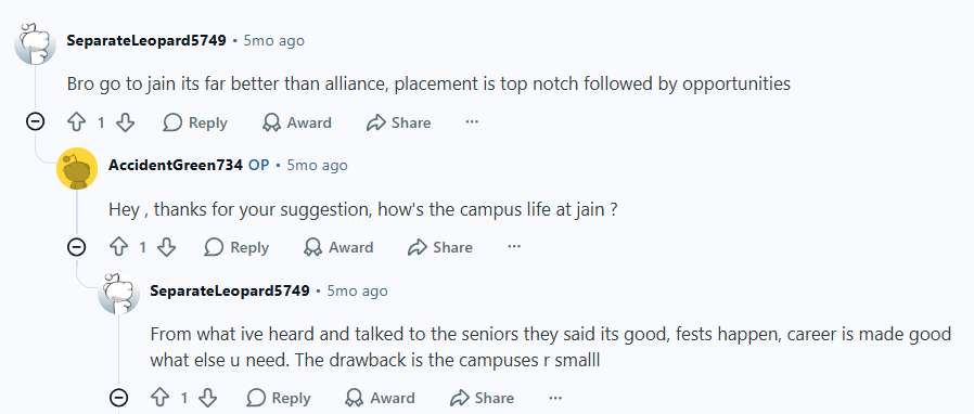 Reddit Discussion on Jain University Bangalore Placement