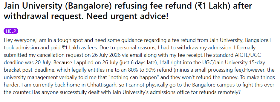 Jain University fee refund issue after withdrawal