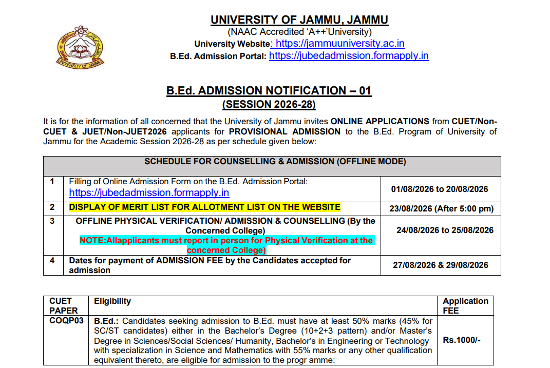 University of Jammu B.Ed. 2026