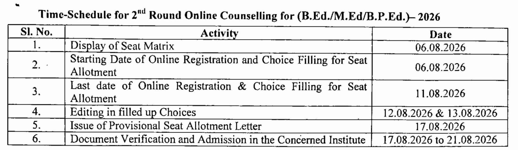 Jharkhand BEd MEd BPEd Counselling 2026 Round 2 Important Dates